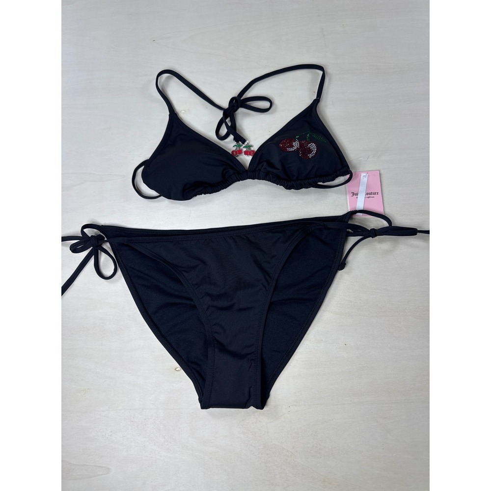 Juicy Couture Black Rhinestone Cherry Triangle Bikini Set Two Piece Swimsuit L